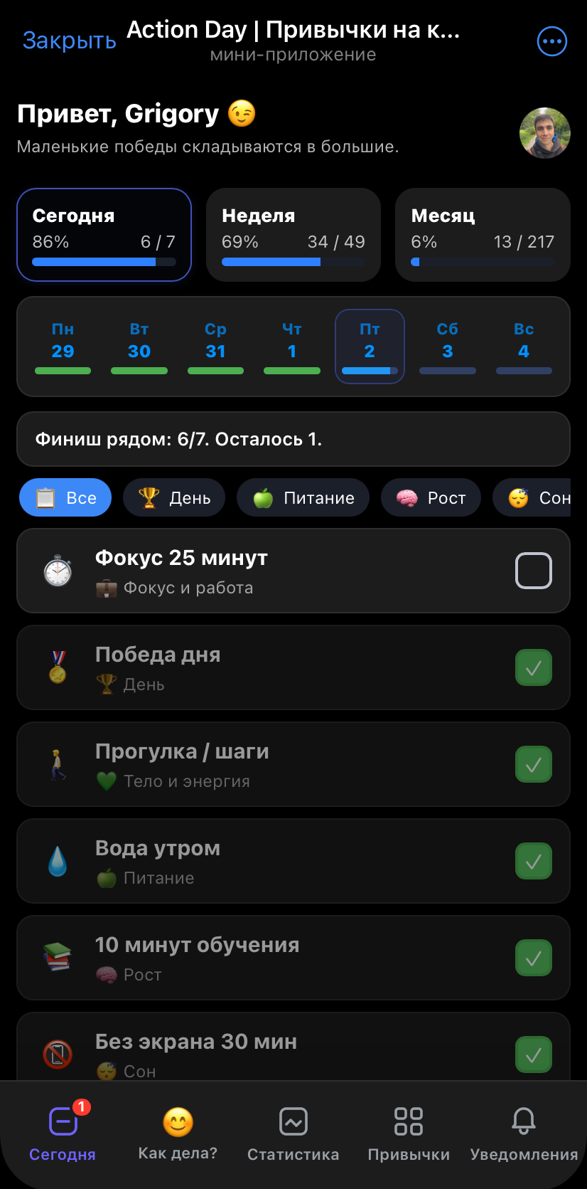 Экран привычек в Action Day